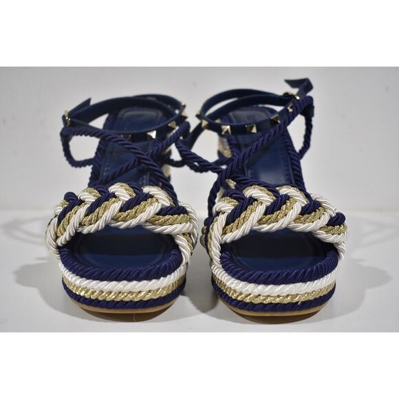 Valentino Rockstud Torchon Blue Stripe Cord Rope Wedge Ankle Strap Sandal 36 - Picture 7 of 12